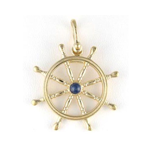 14k Gold Large Ship's Wheel with Sapphire Pendant - 349 S