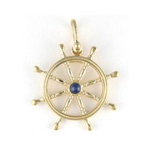 14k Gold Large Ship's Wheel with Sapphire Pendant - 349 S