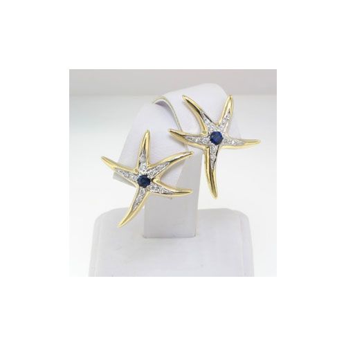 14k Gold Large Starfish with Sapphire/Diamond Earrings - 666 DS