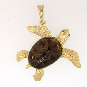 14k Gold Large Turtle Enamel Pendant - 248 E