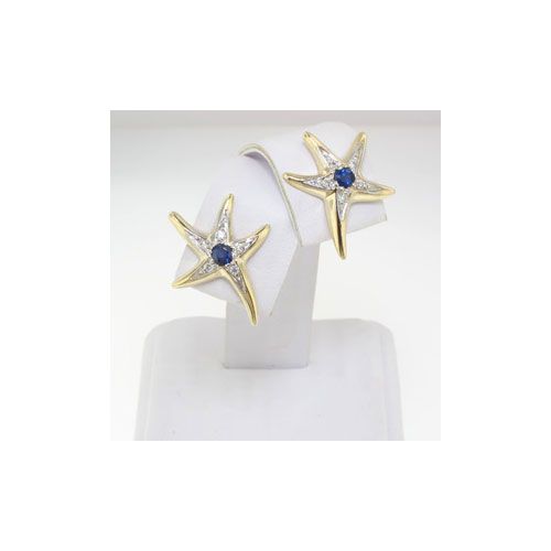 14k Gold Medium Starfish with Sapphire/Diamond Earrings - 637 DS