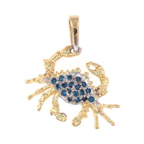14k Gold Medium Claw Crab with Blue Diamonds Pendant - 386 BD