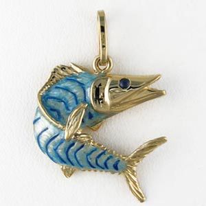14k Gold Medium Kingfish Hollow Enamel Pendant - 234 HE