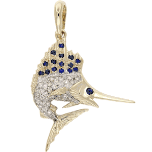 14k Gold Medium Sailfish Diamond Sapphire Pendant - 137 DS