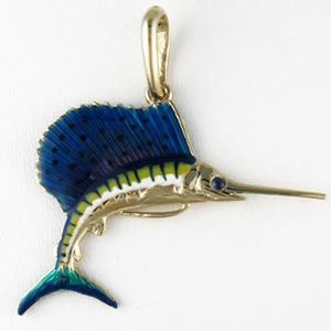 14k Gold Medium Solid Sailfish Enamel Pendant - 225 E
