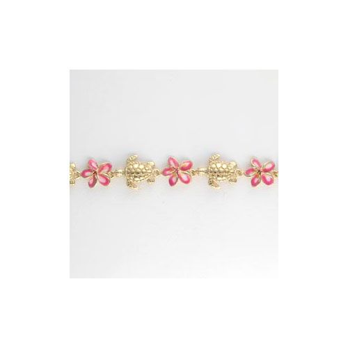 14k Gold Plumeria & Turtle Enamel 7 Inch Bracelet - 579 E
