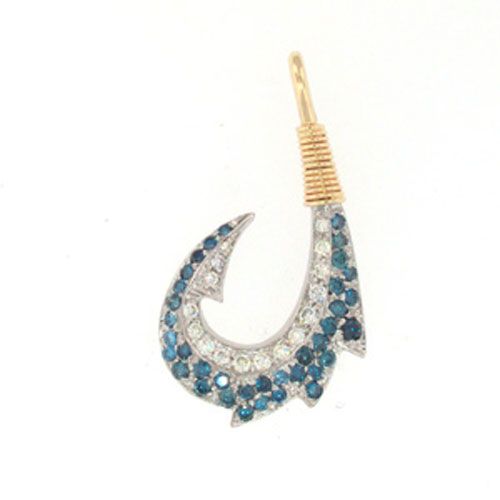 14k Gold Polynesian Hook with Blue /White Diamonds Pendant - 443 BD