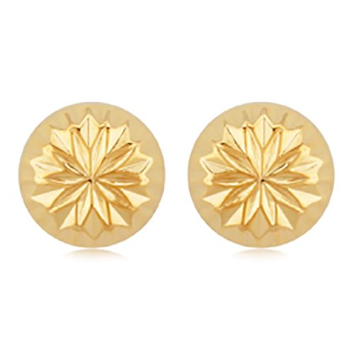 14K Gold Round Fancy Cut Button Earrings