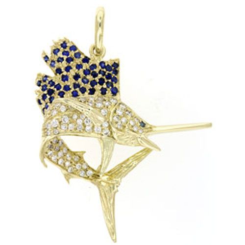 14k Gold Sailfish with Sapphire and Diamonds Pendant - 464
