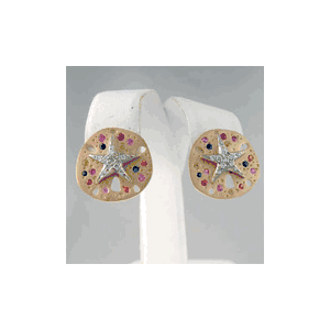 14k Gold Sand Dollar with Diamond & Sapphire Earrings - 645 DS