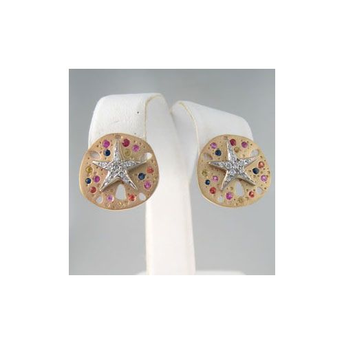 14k Gold Sand Dollar with Diamond & Sapphire Earrings - 645 DS