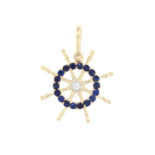 14k Gold Shipwheel with Diamonds and Sapphire Pendant - 456 DS