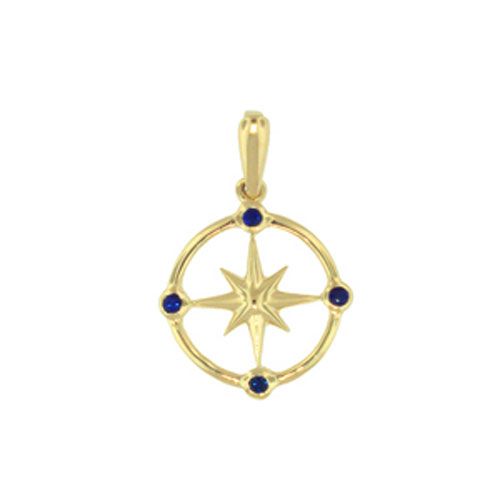 14k Gold Small Compass Rose with .26cts Sapphire Pendant - 457sm S