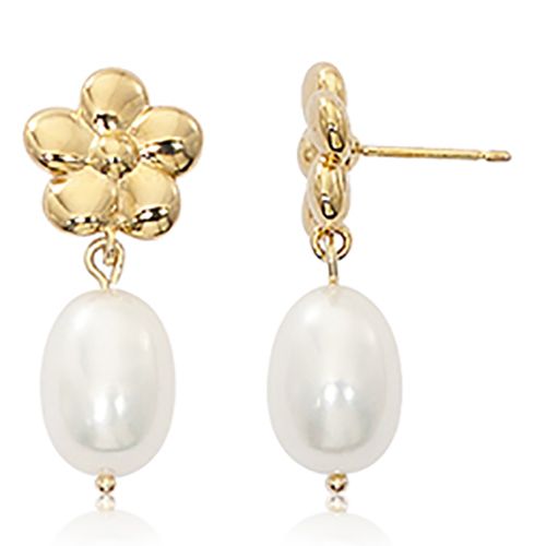 14K Gold Small Flower Stud with Pearl Drop Earrings