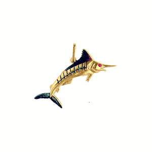 14k Gold Small Marlin Leaping Enamel Pendant - 131 E