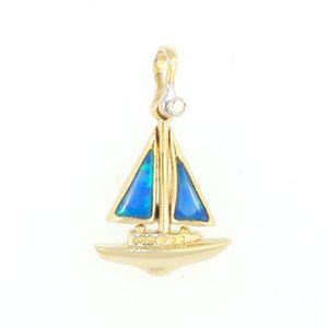 14k Gold Small Opal Sailboat Pendant - 389 O