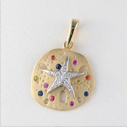 14k Gold Small Sand Dollar Diamond & Sapphire Pendant - 212 DS