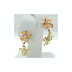 14k Gold Small Turtle and Plumeria Earrings - 692