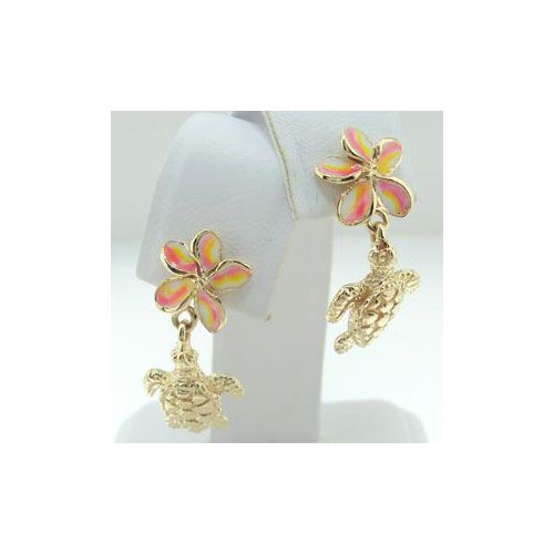 14k Gold Small Turtle and Plumeria Earrings - 692