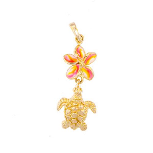 14k Gold Small Turtle and Plumeria Pendant - 395 E