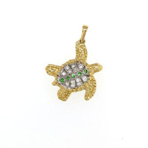 14k Gold Small Turtle Diamond Sapphire Pendant - 380 DS