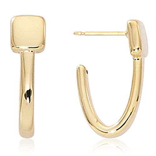 14K Gold Square Button Top J-Hoop Earrings