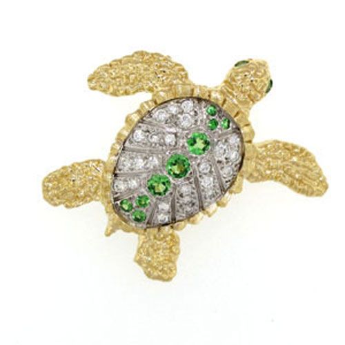 14k Gold Turtle Diamond and Tsavorite Pendant - 382 DS