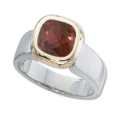 14K Gold Two-Tone 8 x 8 Cushion Garnet Ring