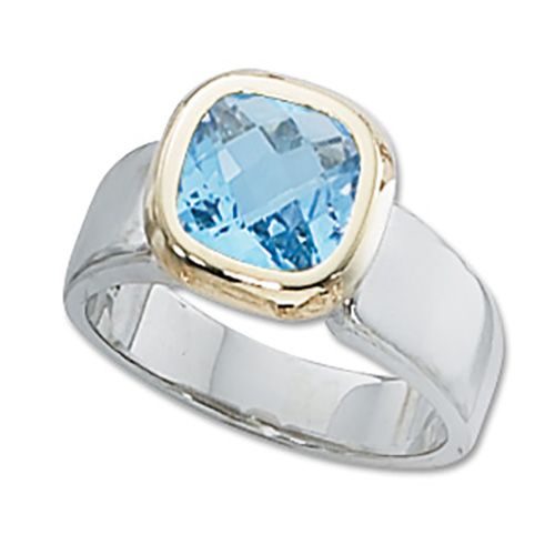 14K Gold Two-Tone 8 x 8 Cushion Swiss Blue Topaz Ring