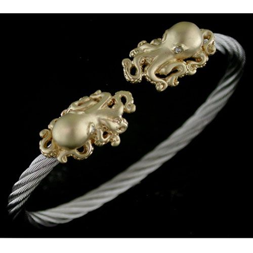 14K Octopus Cable Cuff Bracelet 9/24 .04 TW Diamonds 5/32 Inch Stainless Steel Cable - SD-SLB018