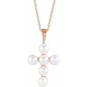 14K Rose Freshwater Cultured Pearl Cross 16-18" Necklace   - R42366:607:P