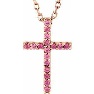 14K Rose Pink Tourmaline Petite Cross 16" Necklace  - R42147:117:P