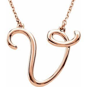 14K Rose Script Initial V 16" Necklace - 84635:305:P