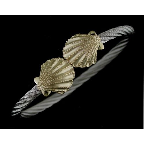 14K Scallop Shell Cuff Bracelet 9/24 5/32 Inch Stainless Steel Cable - SD-SLB051
