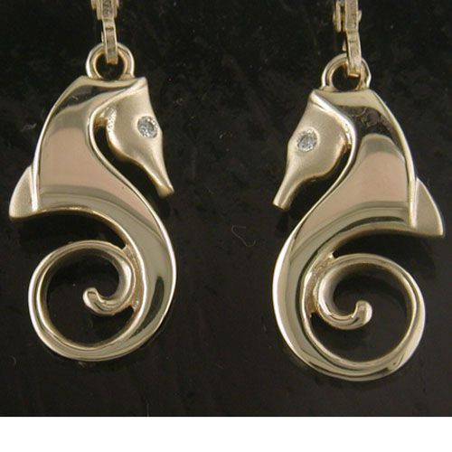 14K Sea Horse Dangle Earrings 9/24 .03 TW Diamonds - SD-SLE062