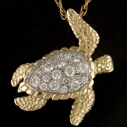 14K Sea Turtle Pendant 9/24 .50Ct TW Pave Diamonds - SD-SLP112