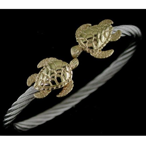 14K Turtle Cuff Bracelet 9/24 5/32 Inch Stainless Steel Cable - SD-SLB017