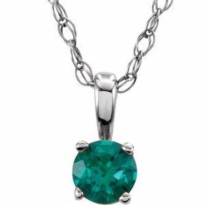 14K White 3 mm Round Emerald Youth Birthstone 14" Necklace - 28393:70063:P