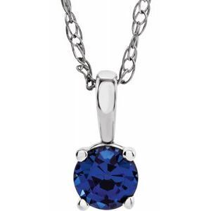 14K White 3 mm Round Lab-Grown Blue Sapphire Youth Birthstone 14" Necklace - 28393:70017:P