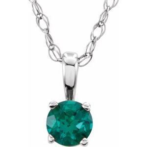 14K White 3 mm Round Lab-Grown Emerald Youth Birthstone 14" Necklace - 28393:70009:P