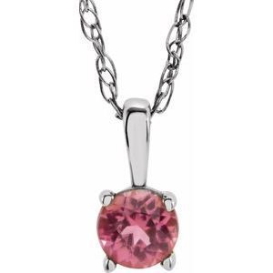 14K White 3 mm Round Pink Tourmaline Youth Birthstone 14" Necklace - 28393:70021:P