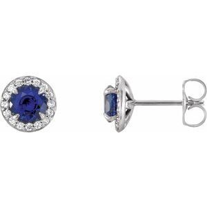 14K White 4.5 mm Round Lab-Grown Blue Sapphire & 1/6 CTW Diamond Earrings   - 86458:696:P