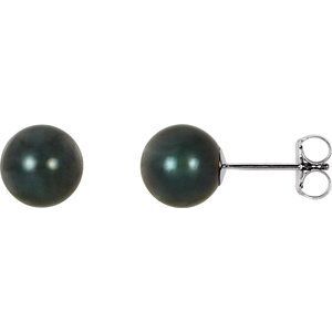 14K White 7 mm Black Akoya Cultured Pearl Earrings - 61104:104:P