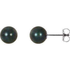 14K White 7 mm Black Akoya Cultured Pearl Earrings - 61104:104:P