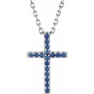 14K White Blue Sapphire Petite Cross 16" Necklace  - R42147:100:P