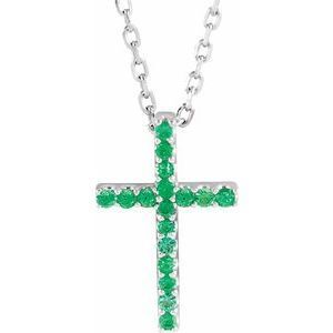 14K White Emerald Petite Cross 16" Necklace  - R42147:60008:P