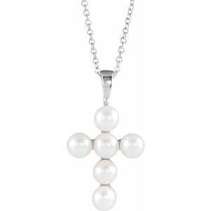 14K White Freshwater Cultured Pearl Cross 16-18" Necklace   - R42366:605:P