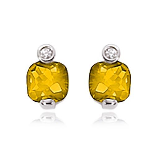 14K White Gold Checkerboard Cushion & 2.03 Diamond Citrine Earrings