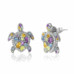14K White Gold Sea Life Turtles Earrings