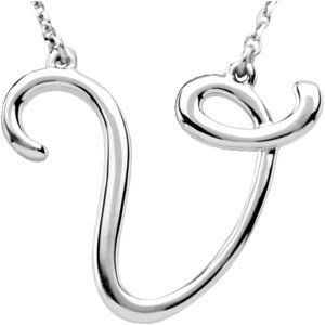 14K White Script Initial V 16" Necklace - 84635:279:P